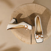 Faigy Square Toe Gold Chain Heels White NEW GEW